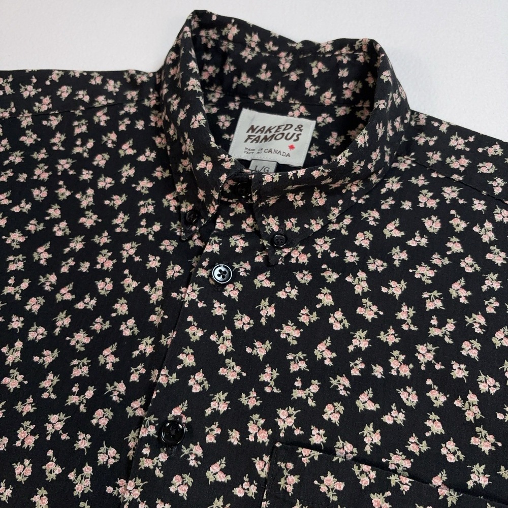 Naked & Famous Easy Shirt Men's L Black Micro-Flowers Pocket Cotton Button Down